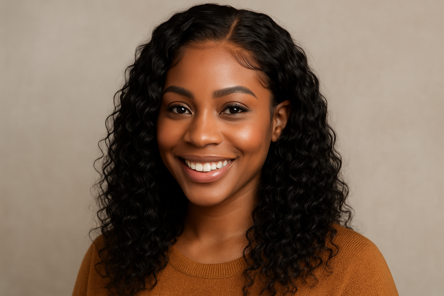 Beautiful Black woman wearing the water wave lace front wig with natural blending