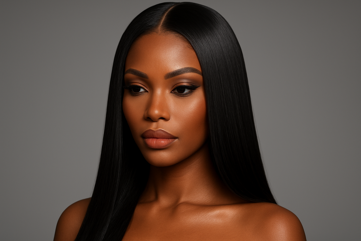 Sophisticated beauty portrait with center part and glass-like shine